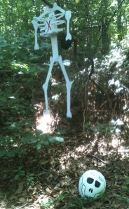 Fake skeleton in woods.