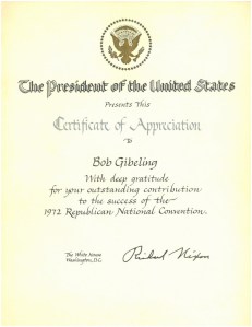 Certificate of appreciation to Bob Gibeling from President Richard Nixon