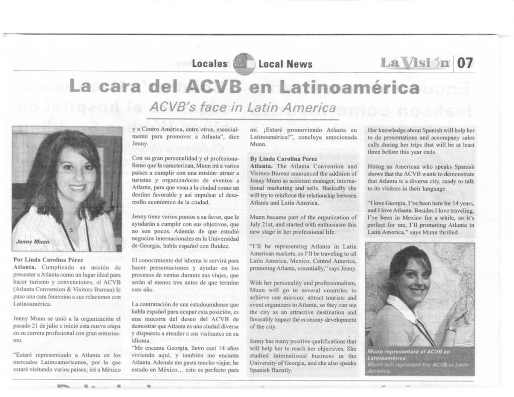 Clip from La Vision newspaper about Jenny Munn as the ACVB's Latin America liaison.